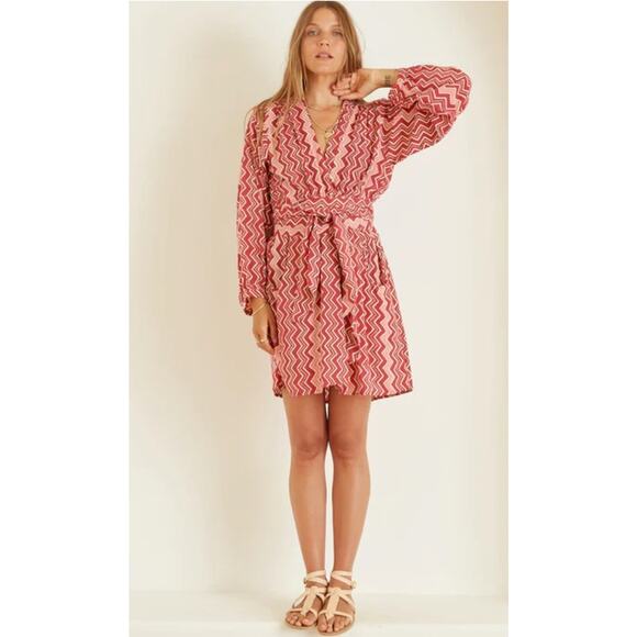Natalie Martin Nico L/S Mini hand dyed batik wrap dress red pink size medium M - Picture 16 of 16